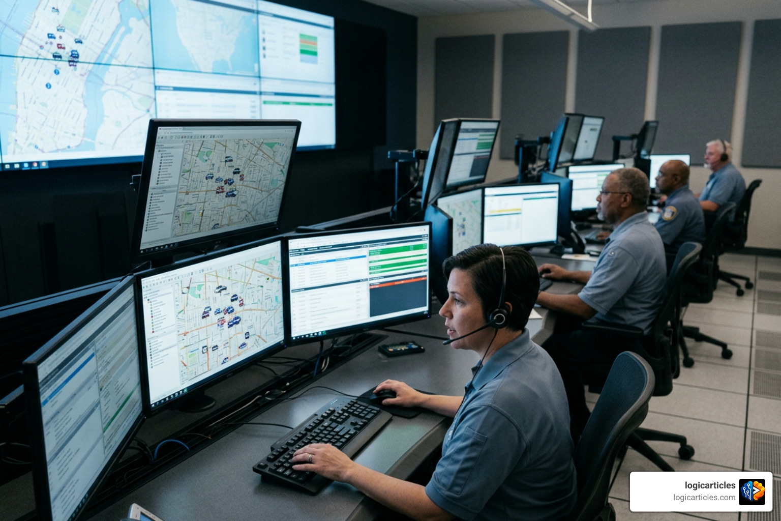 Emergency control room operators using high-tech dispatch and mapping software Emergency control room operators using high-tech dispatch and mapping software