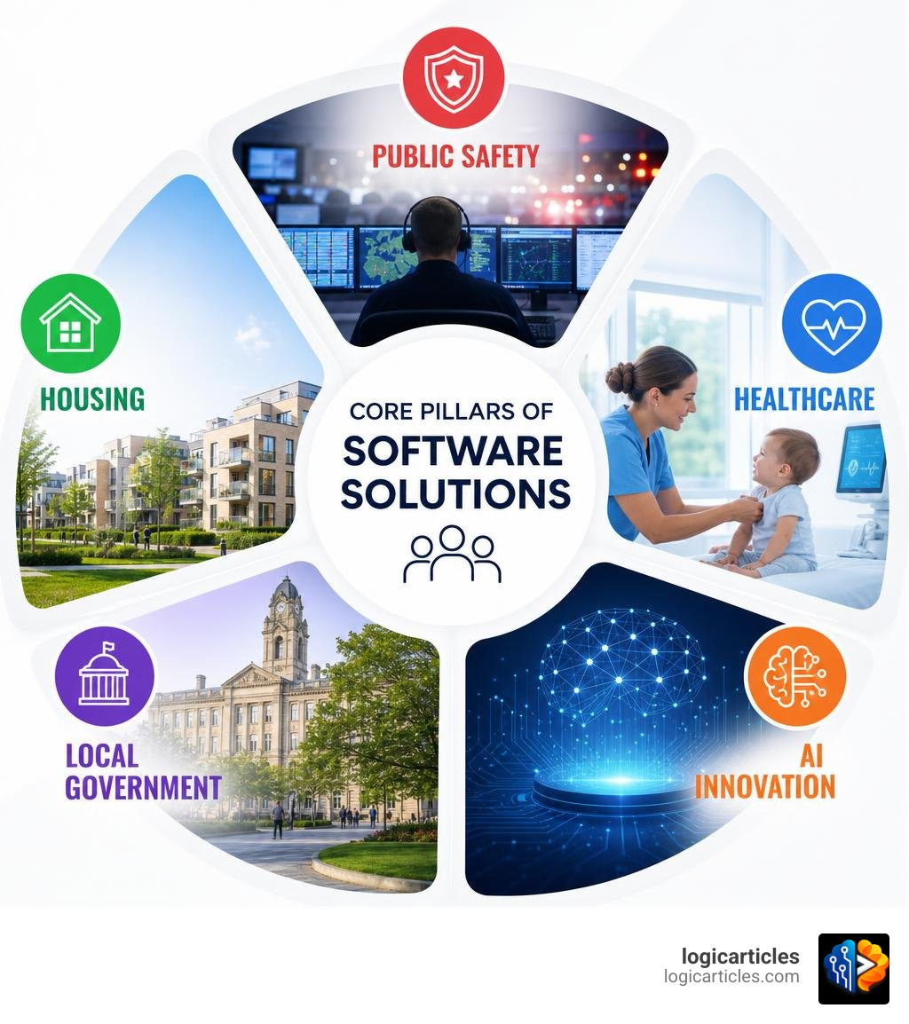 Core pillars of NEC Software Solutions: public safety, housing, healthcare, local government, and AI innovation infographic Core pillars of NEC Software Solutions: public safety, housing, healthcare, local government, and AI innovation infographic