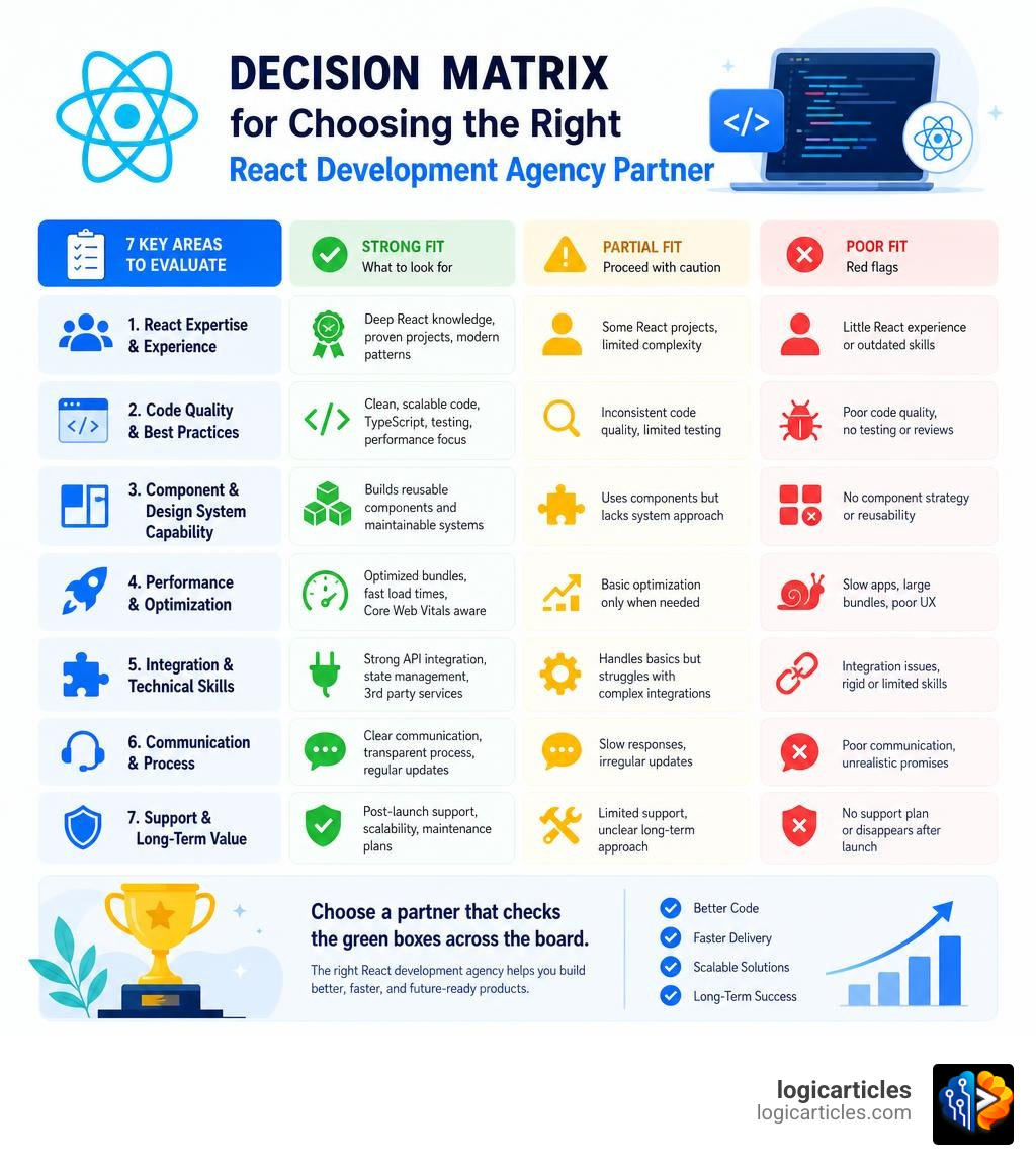 Decision matrix infographic for choosing the right React development agency partner infographic