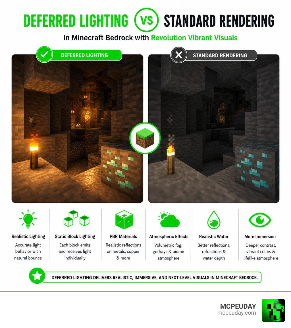 Infographic comparing deferred lighting vs standard rendering in Minecraft Bedrock with Revolution Vibrant Visuals