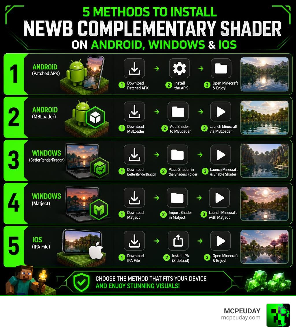 Infographic showing 5 methods to install Newb Complementary Shader on Android Windows and iOS infographic Infographic showing 5 methods to install Newb Complementary Shader on Android Windows and iOS infographic
