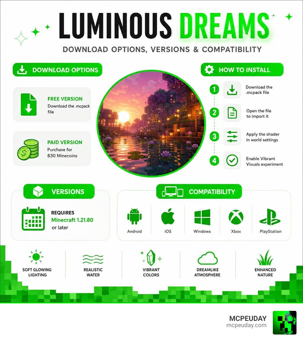 Infographic showing Luminous Dreams shader download options, versions, and compatibility infographic