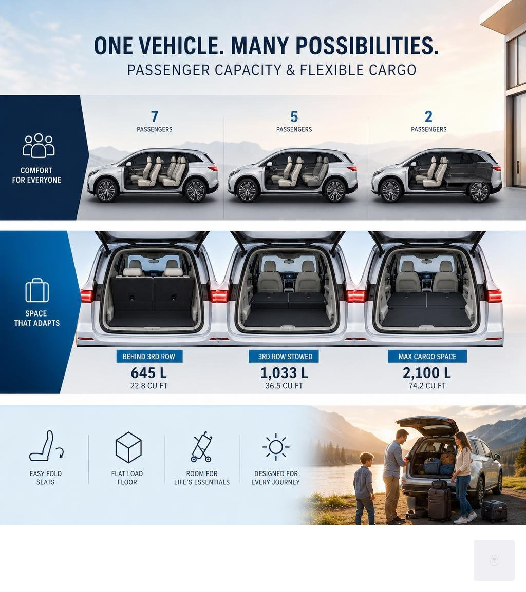 Elegant graphic illustrating passenger capacity and flexible cargo folding configurations infographic Elegant graphic illustrating passenger capacity and flexible cargo folding configurations infographic