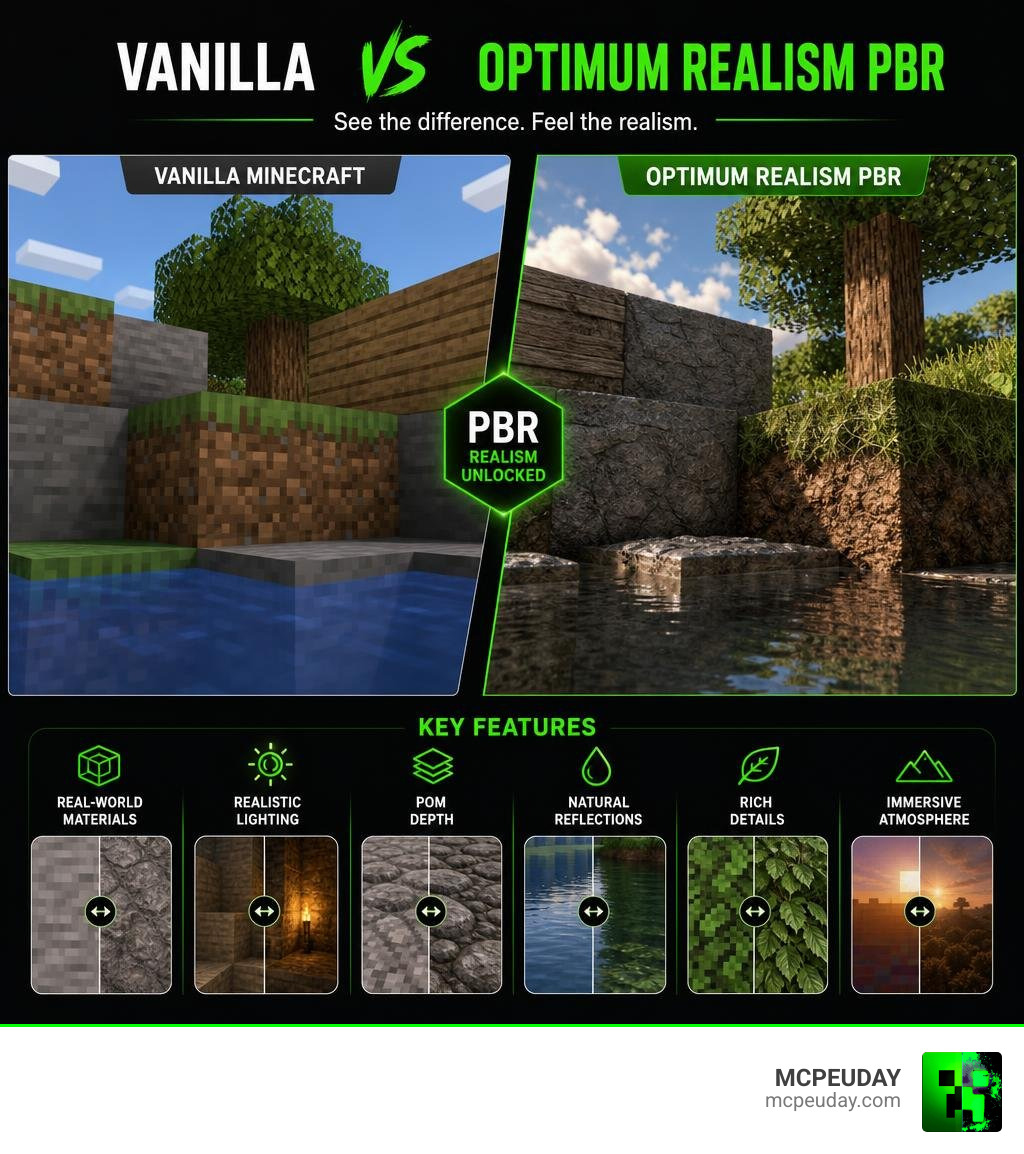 Infographic comparing vanilla Minecraft textures vs Optimum Realism PBR textures with key feature callouts infographic