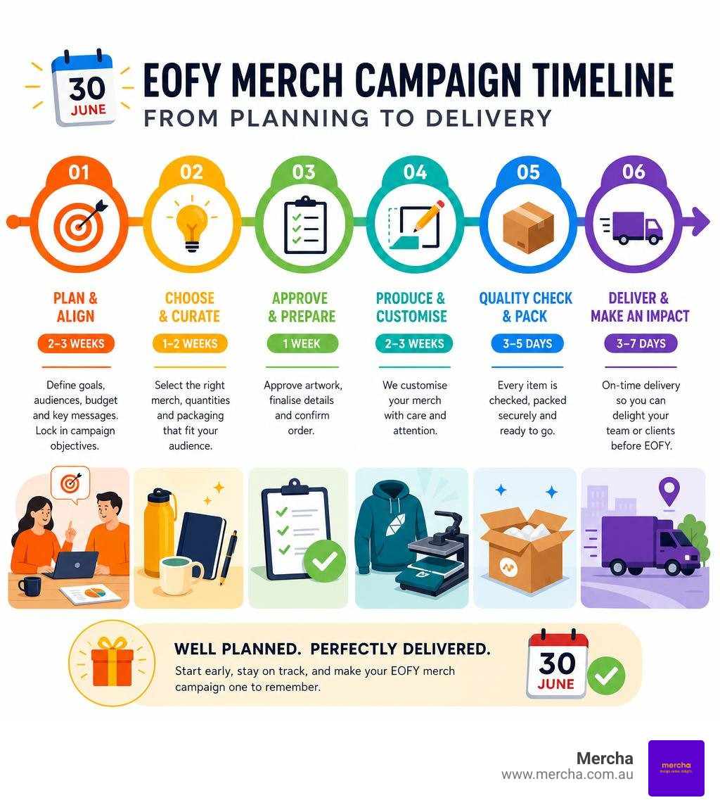 Infographic showing the timeline of a successful EOFY merch campaign from planning to delivery infographic