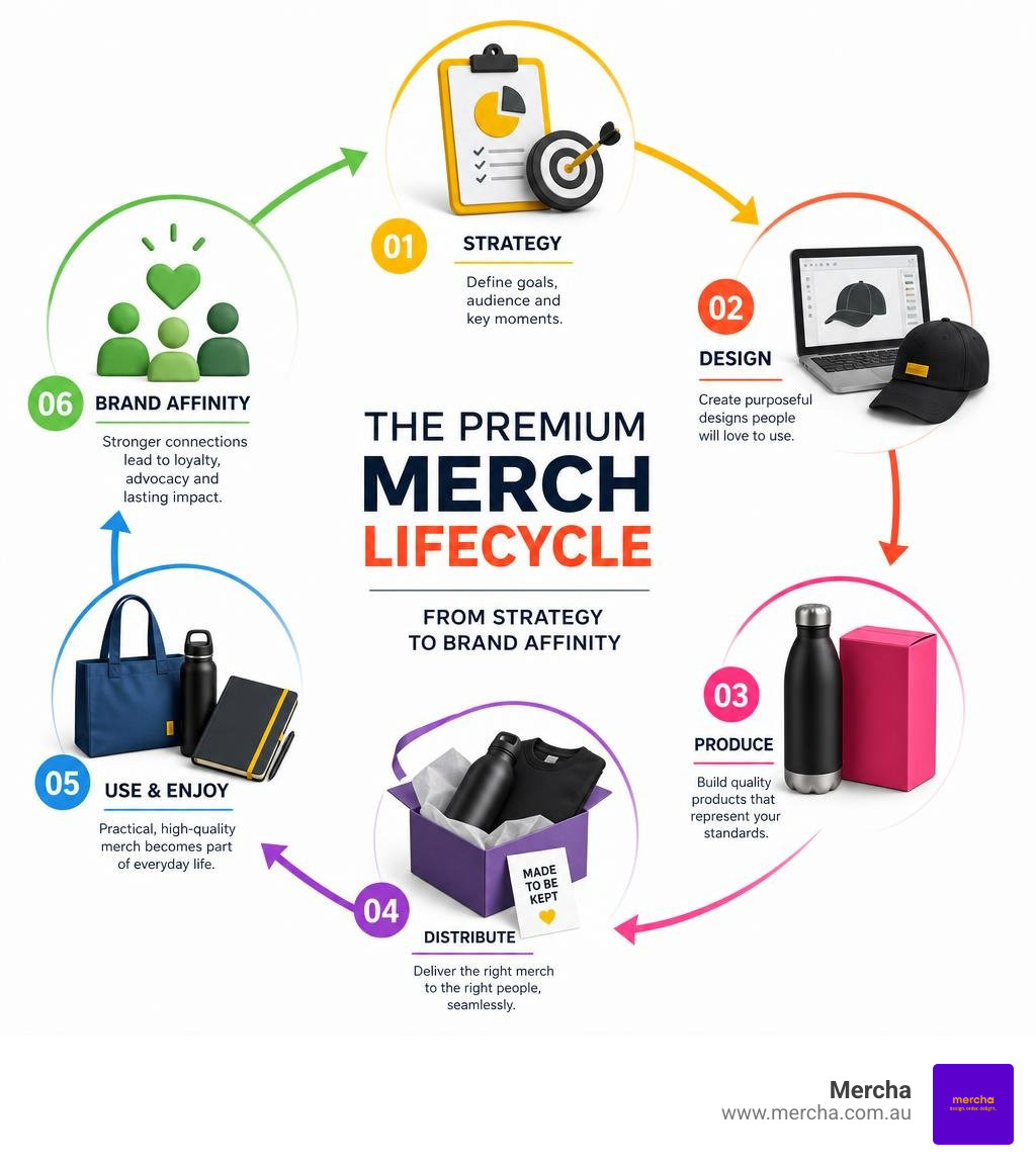 Infographic showing the premium merch lifecycle from strategy to brand affinity infographic