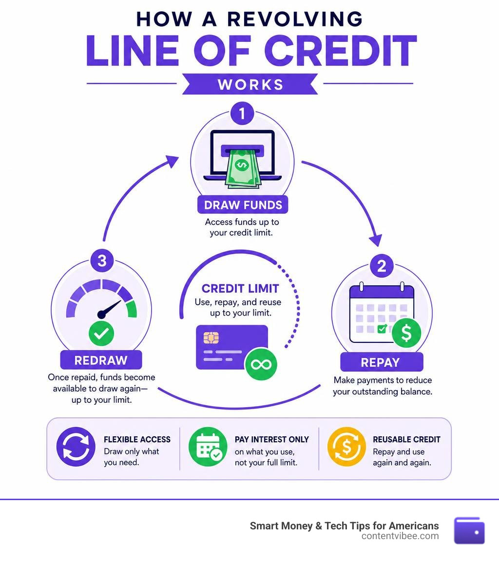Infographic showing how OnDeck revolving line of credit works: draw funds, repay, redraw up to limit infographic