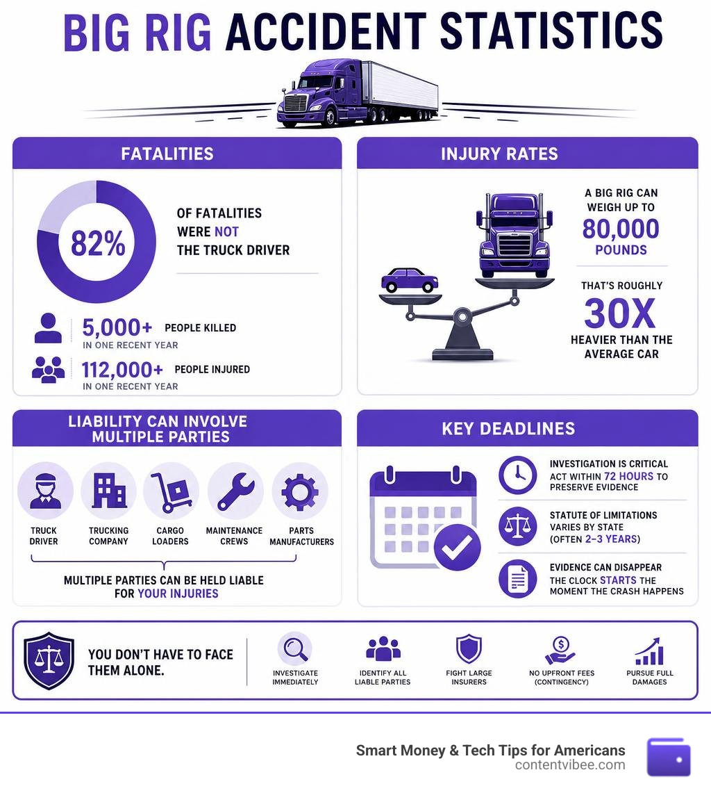 Big rig accident statistics infographic showing fatalities, injury rates, liability parties, and key deadlines infographic