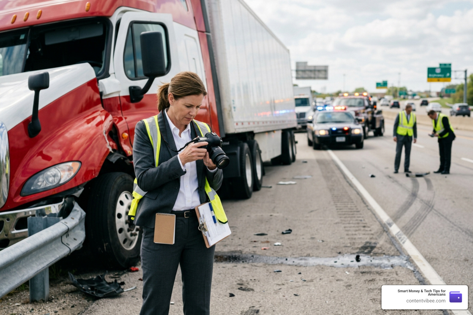 An attorney investigating a commercial truck crash scene to preserve evidence
