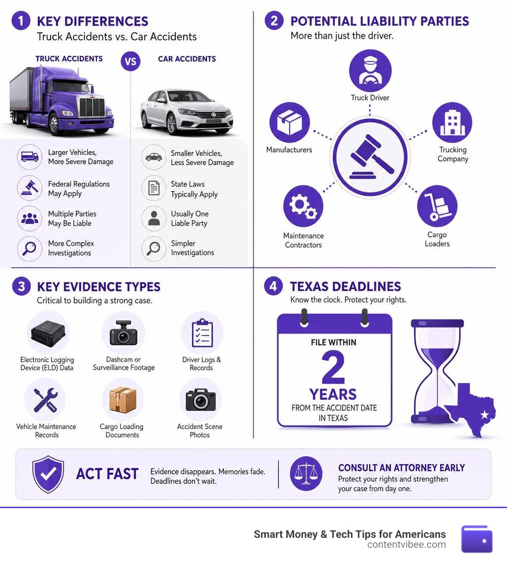 Key differences between truck and car accidents, liability parties, evidence types, and Texas deadlines infographic