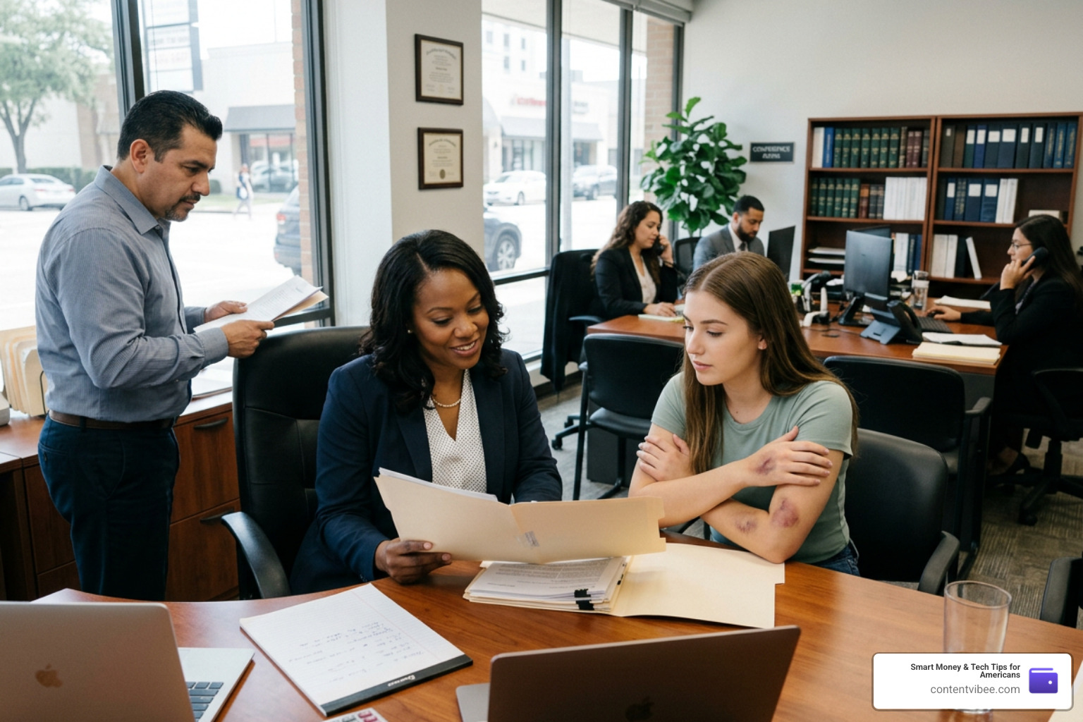 A client sitting in a comfortable law office consulting with a friendly Houston personal injury attorney