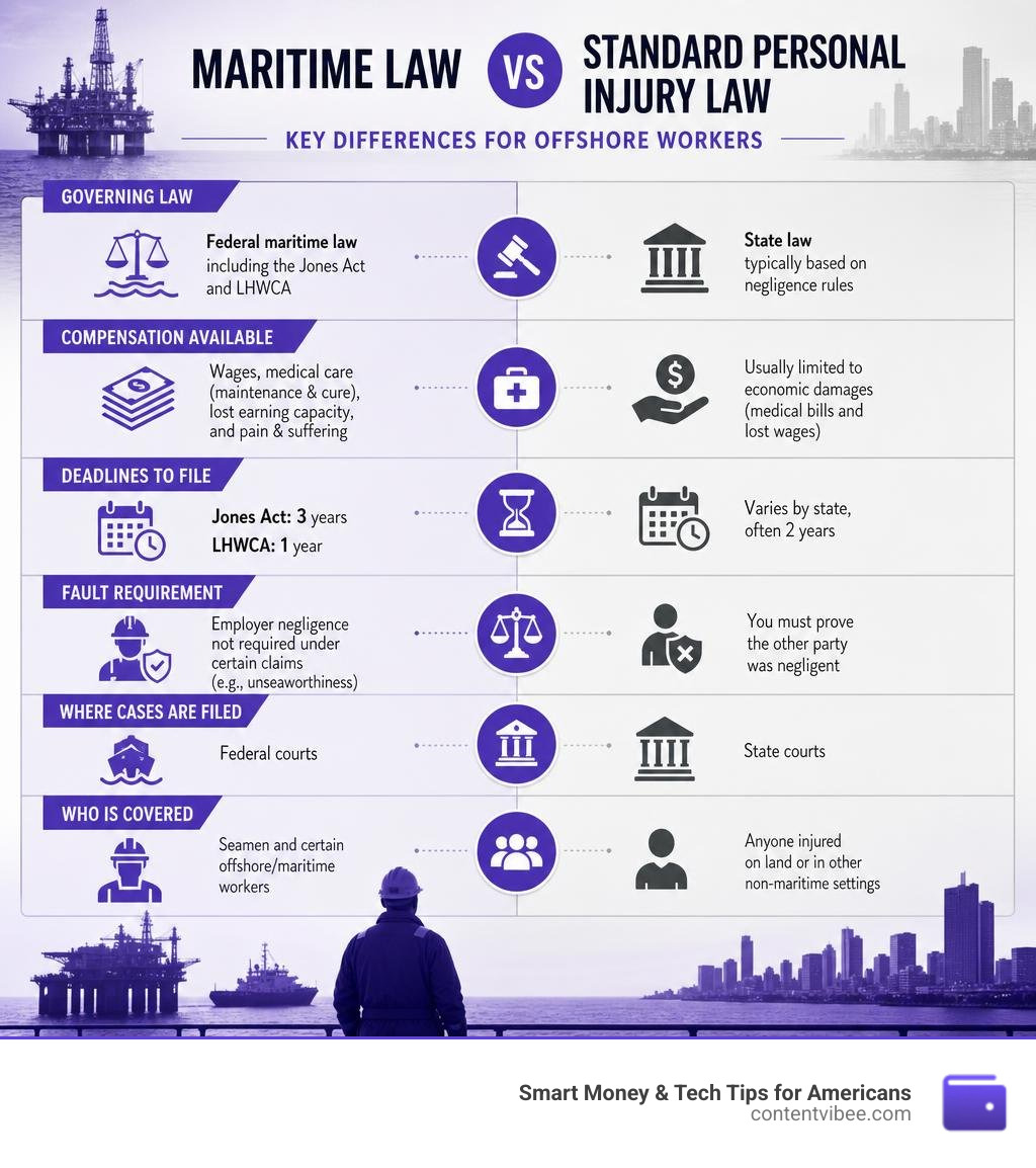 Infographic comparing maritime law vs standard personal injury law key differences for offshore workers infographic Infographic comparing maritime law vs standard personal injury law key differences for offshore workers infographic