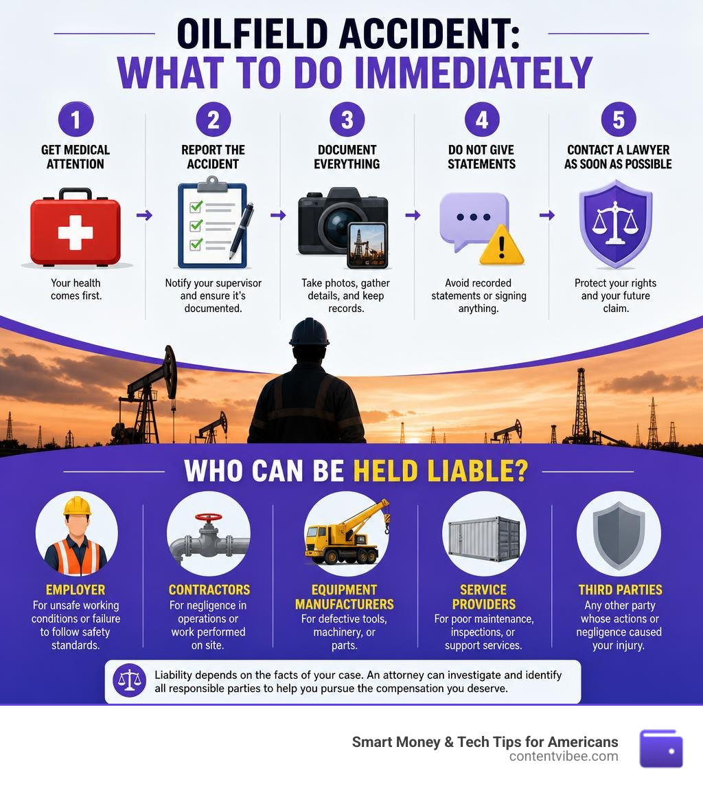 Steps to take immediately after an oilfield accident and who can be held liable infographic