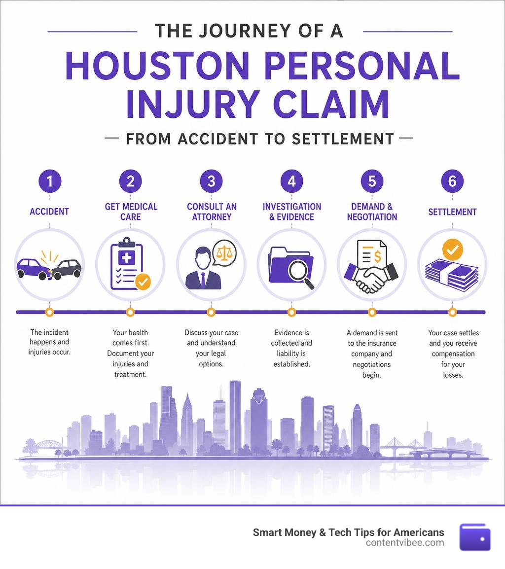 Timeline infographic of a Houston personal injury claim from accident to settlement infographic