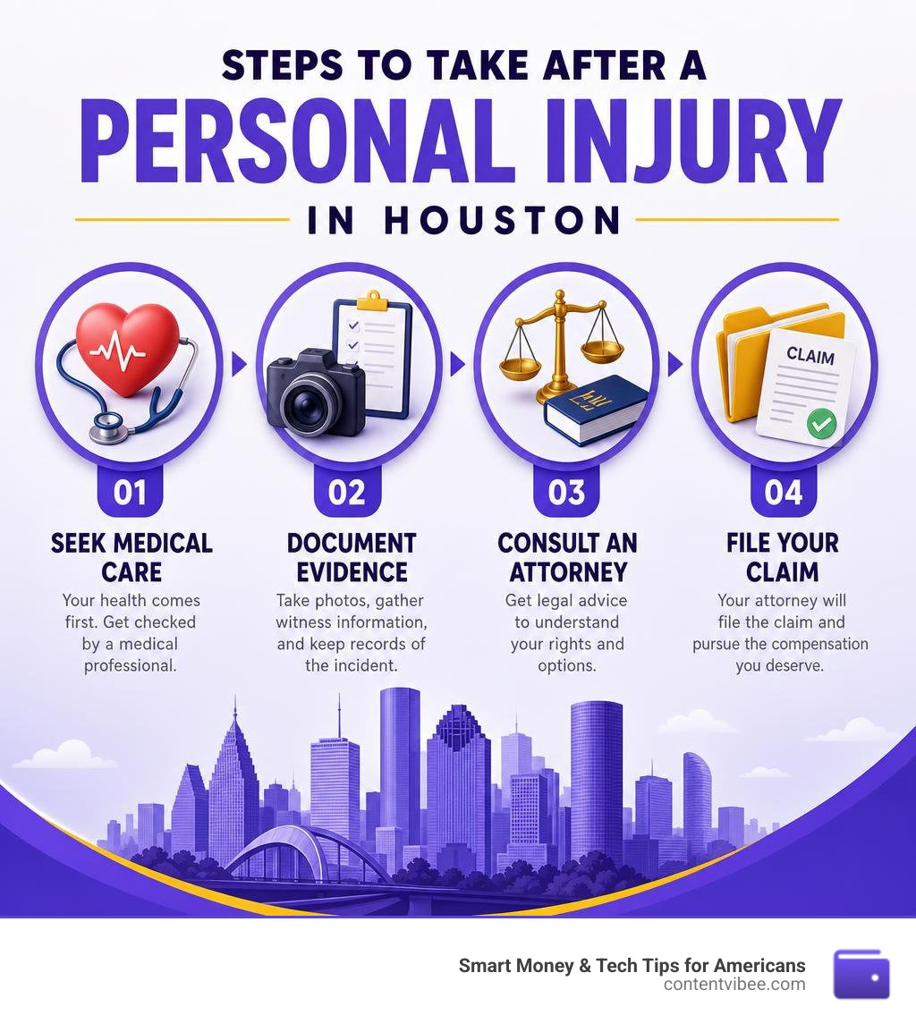 Steps to take after a personal injury in Houston: seek medical care, document evidence, consult attorney, file claim