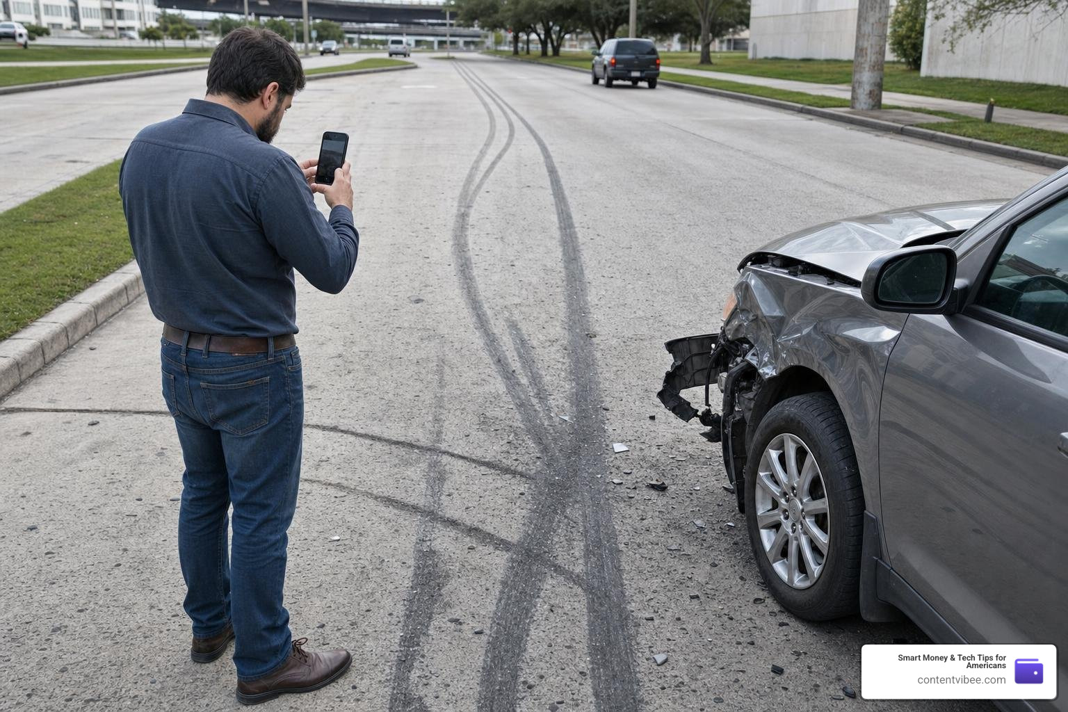 An accident victim using a smartphone to document tire marks and vehicle damage at a Houston accident scene