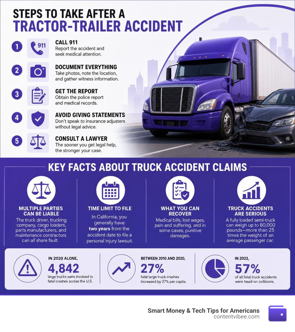 Steps to take after a tractor-trailer accident and key facts about truck accident claims infographic