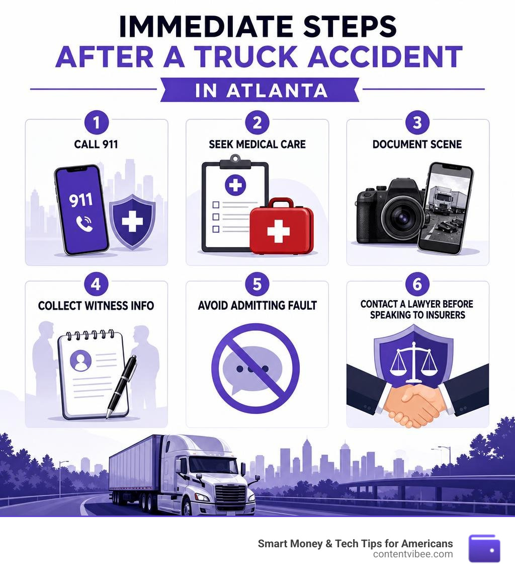 Immediate steps after a truck accident in Atlanta infographic: call 911, seek medical care, document scene, collect witness