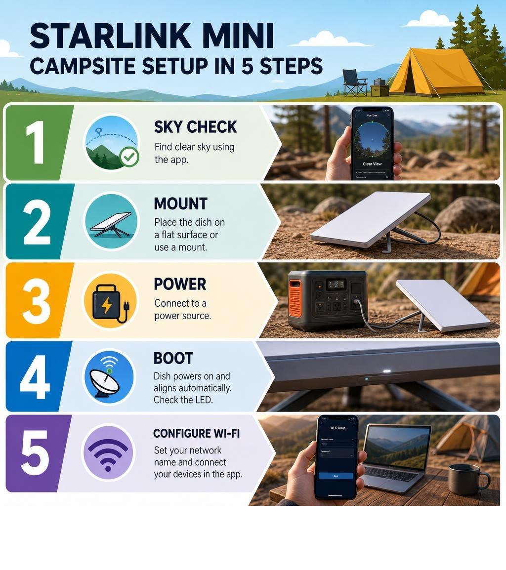 Starlink Mini campsite setup 5-step infographic: sky check, mount, power, boot, configure Wi-Fi infographic Starlink Mini campsite setup 5-step infographic: sky check, mount, power, boot, configure Wi-Fi infographic