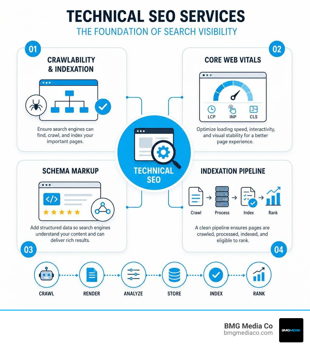 Infographic showing technical SEO services components including crawlability, Core Web Vitals, schema markup, and indexation