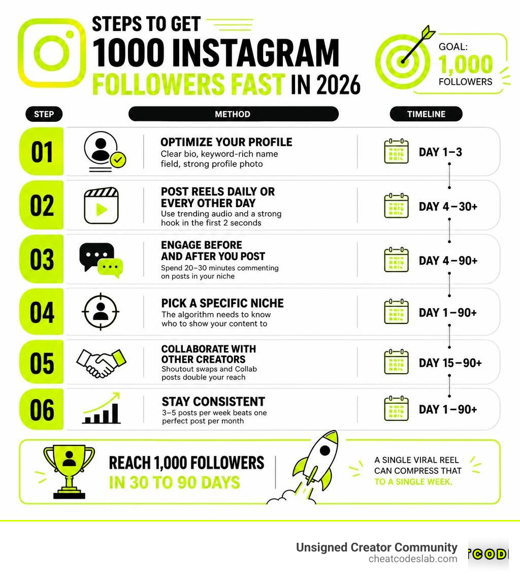 Steps to get 1000 Instagram followers fast in 2026 with timelines and methods infographic