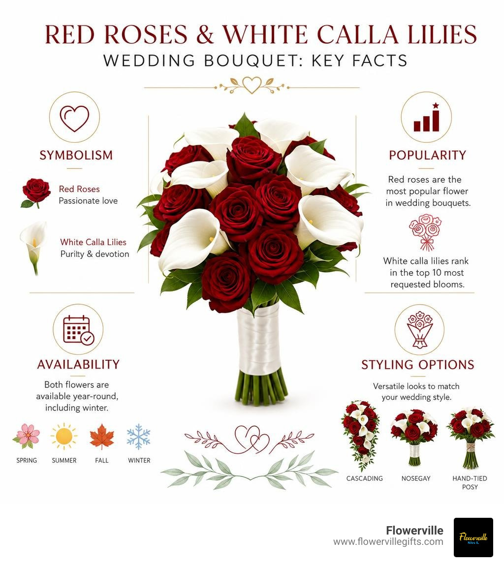 Infographic showing key facts about red roses and white calla lilies wedding bouquets: symbolism, popularity, availability