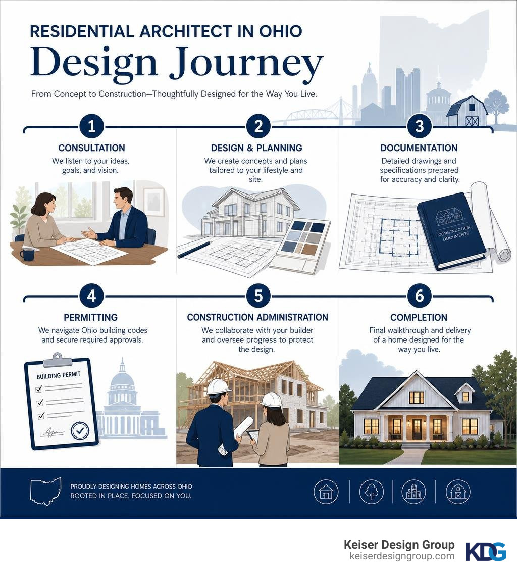 Residential architect in Ohio design journey infographic showing steps from consultation to construction infographic