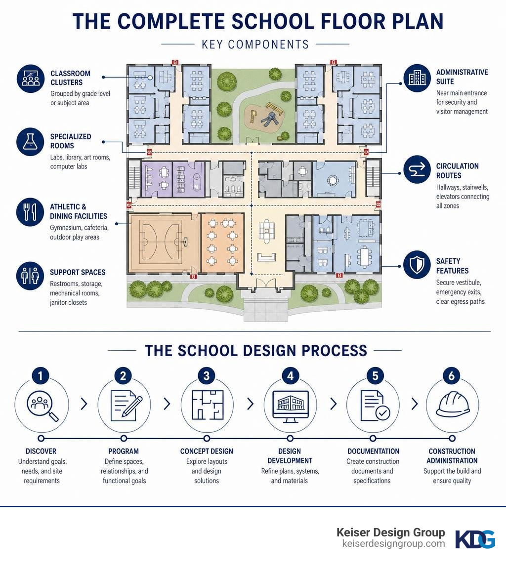Infographic showing key components of a school floor plan and the design process steps infographic Infographic showing key components of a school floor plan and the design process steps infographic