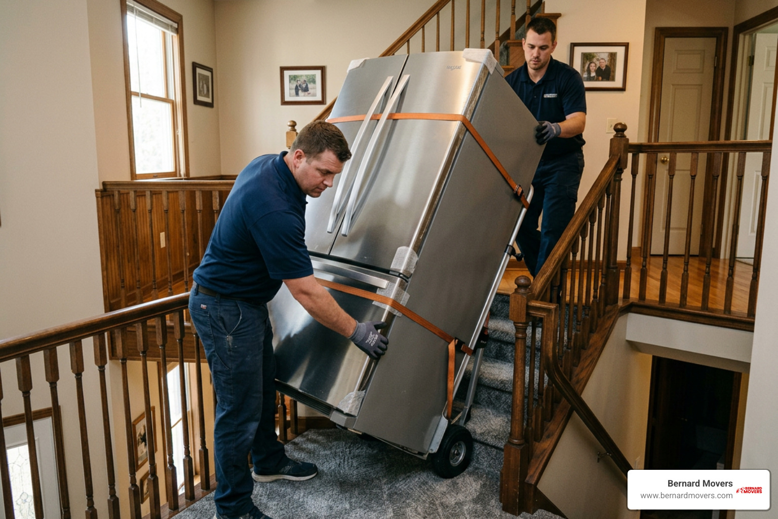 Movers navigating a tight staircase with a dolly
