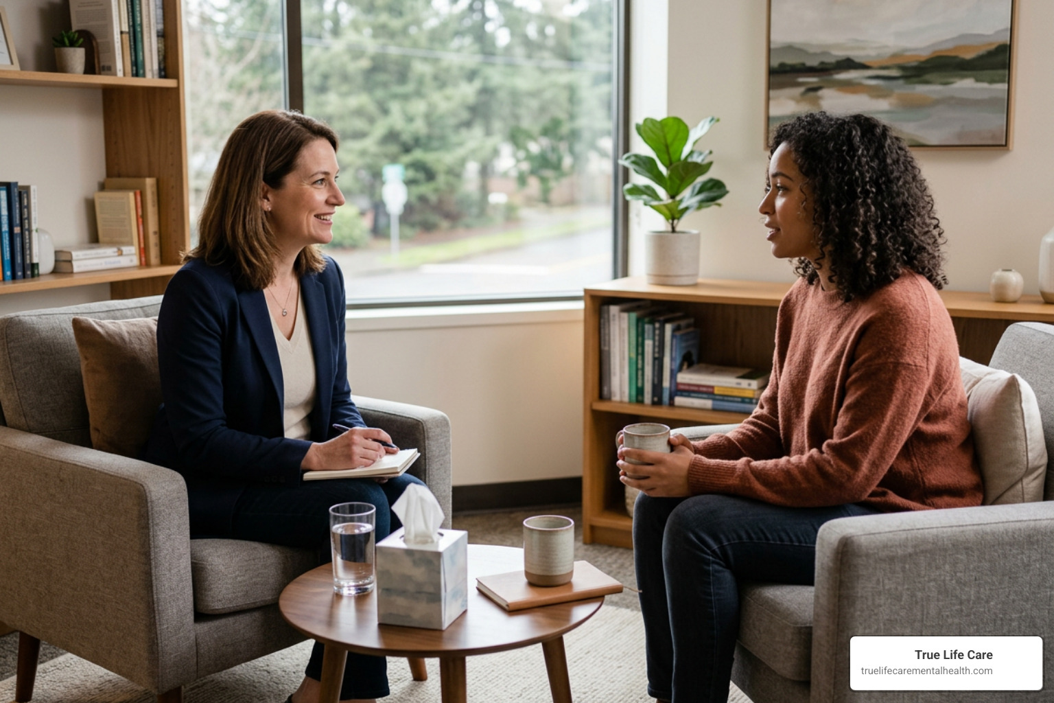 A patient talking with a psychiatrist during a compassionate assessment A patient talking with a psychiatrist during a compassionate assessment