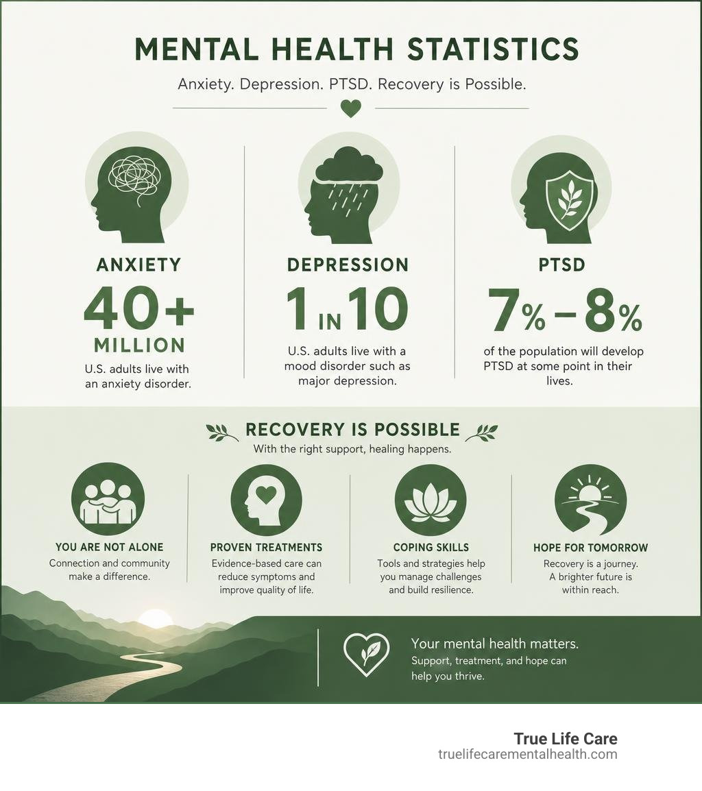 Mental health statistics on anxiety depression and PTSD recovery infographic Mental health statistics on anxiety depression and PTSD recovery infographic