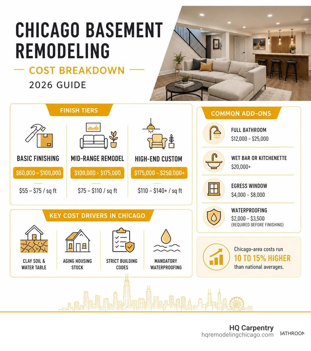 Chicago basement remodeling cost breakdown infographic with finish tiers, add-on costs, and key cost drivers infographic Chicago basement remodeling cost breakdown infographic with finish tiers, add-on costs, and key cost drivers infographic