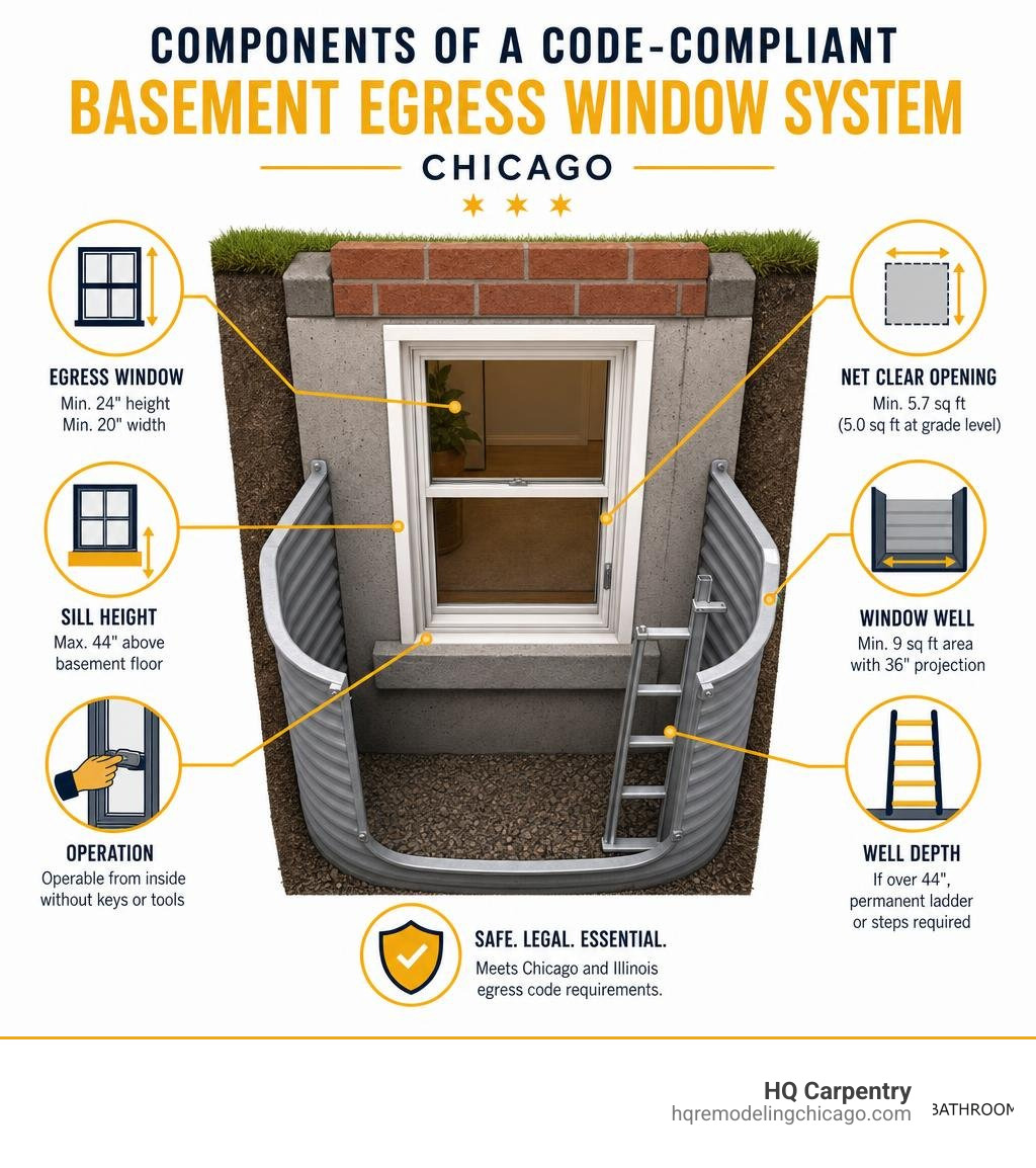 Infographic showing components of a code-compliant basement egress window system in Chicago infographic