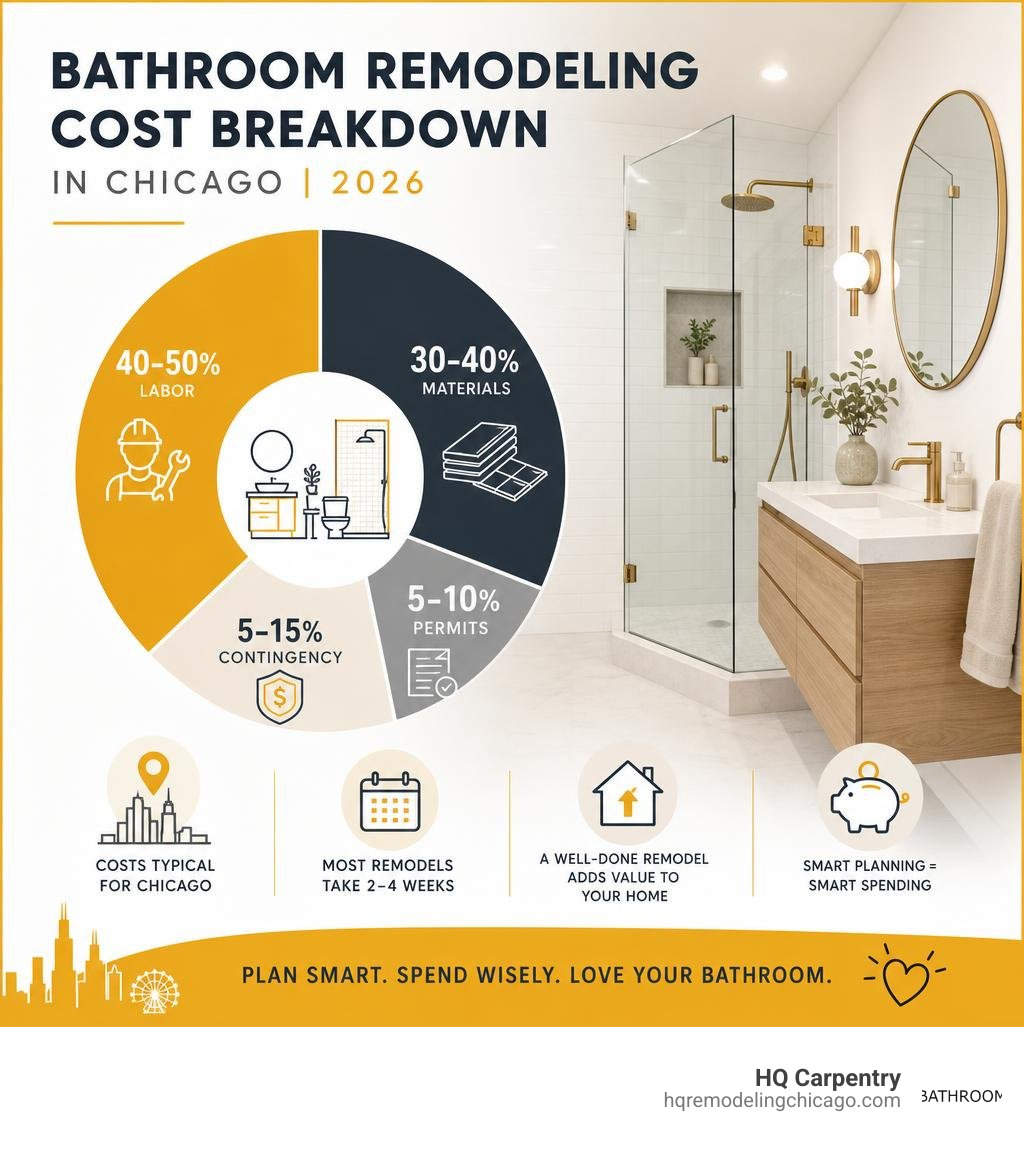 Breakdown of bathroom remodeling costs in Chicago including labor, materials, permits, and contingency infographic