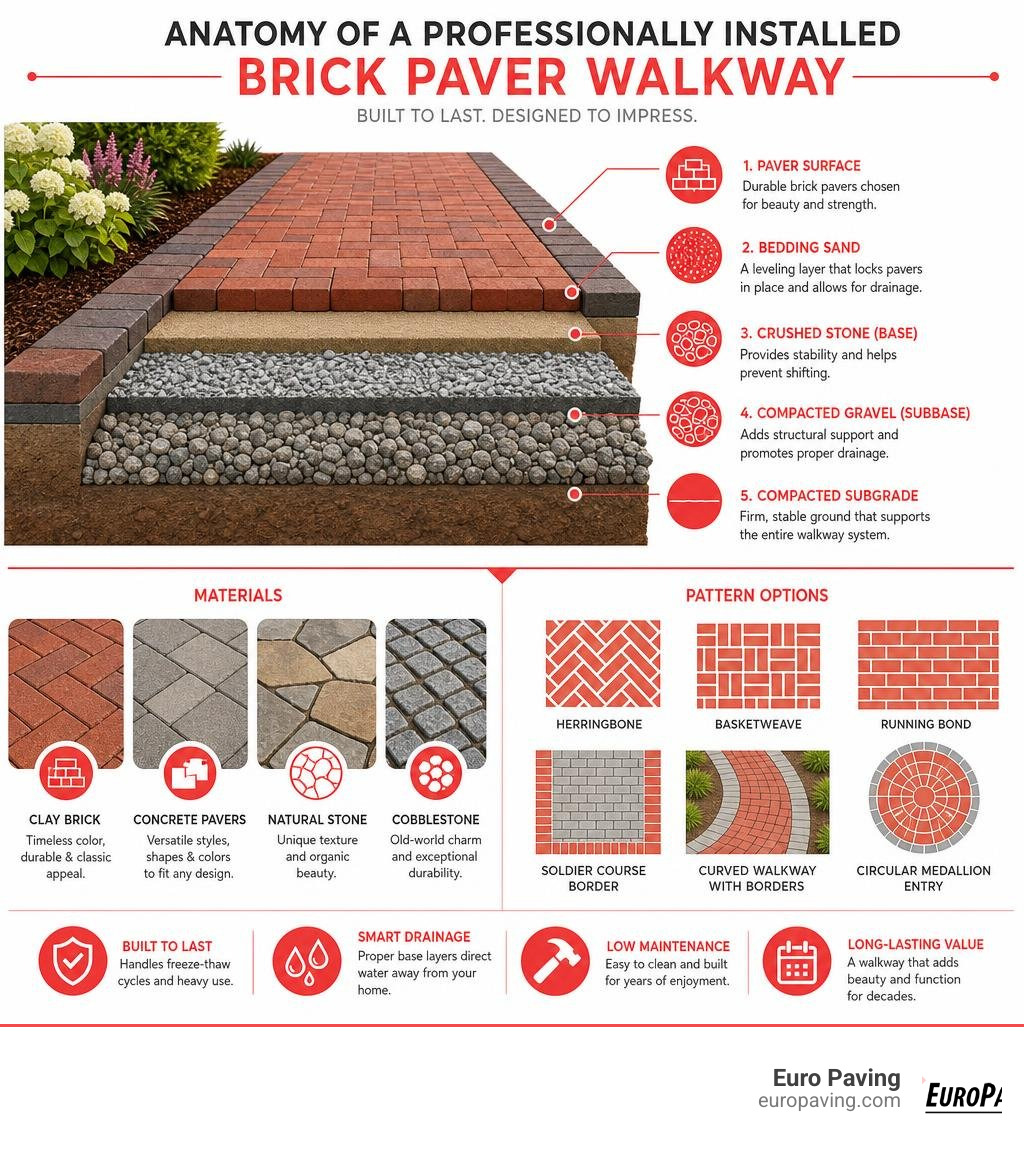 Anatomy of a professionally installed brick paver walkway with base layers, materials, and pattern options infographic