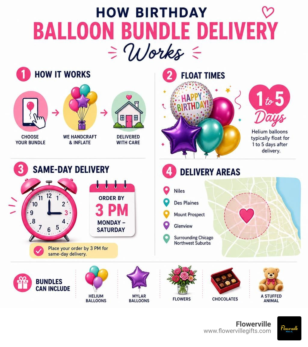 Infographic showing how birthday balloon bundle delivery works, float times, same-day cutoff, and delivery areas infographic