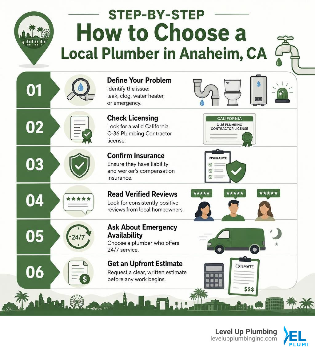 Step-by-step infographic: how to choose a local plumber in Anaheim CA infographic
