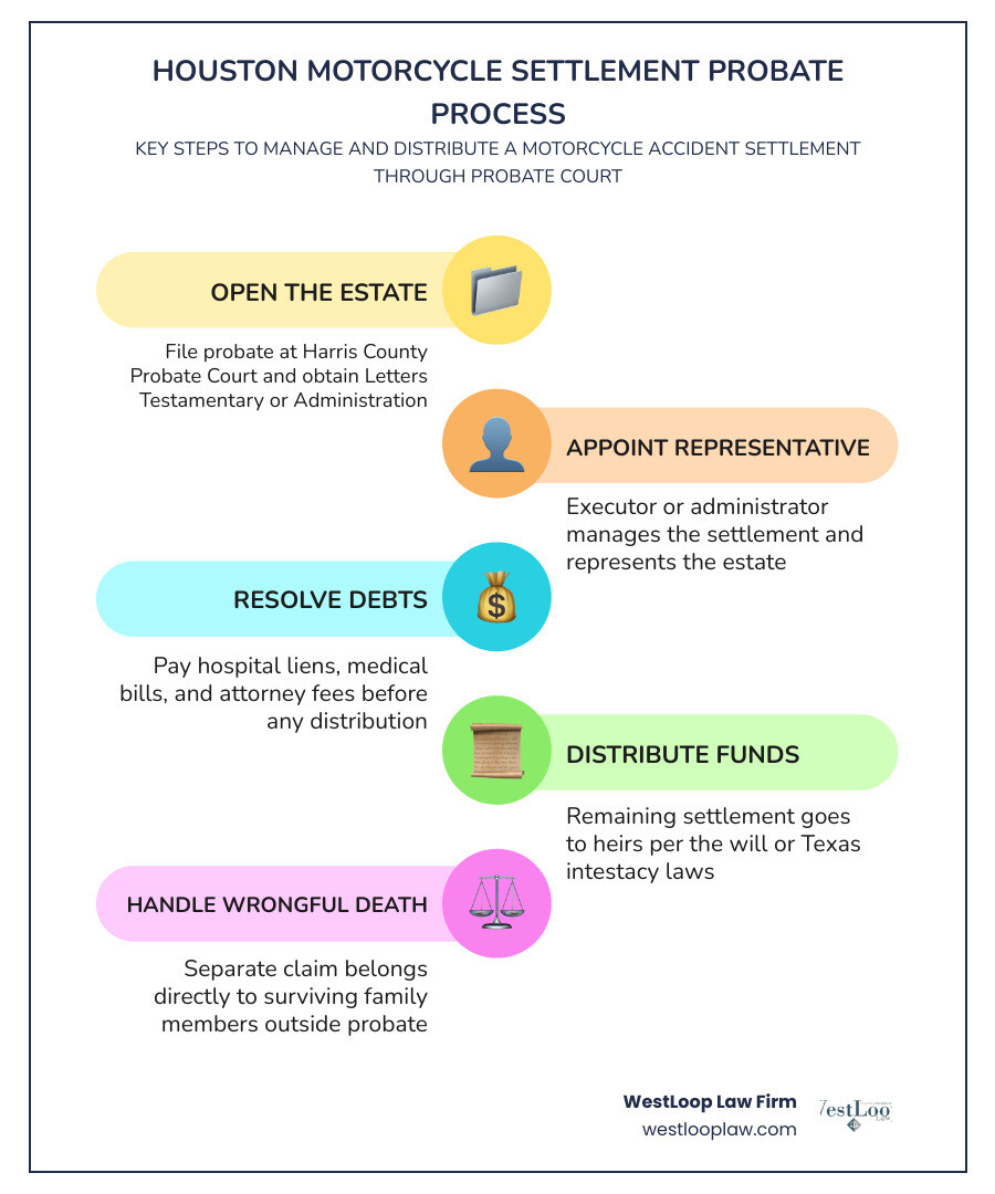 Probate timeline for Houston motorcycle accident settlements showing steps from filing to distribution infographic Probate timeline for Houston motorcycle accident settlements showing steps from filing to distribution infographic