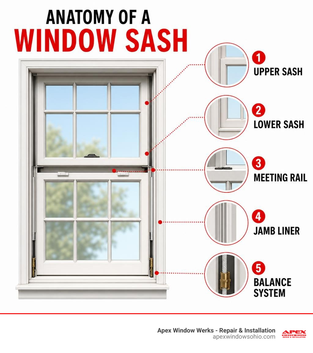 Anatomy of a window sash infographic showing upper sash, lower sash, jamb liner, meeting rail, and balance system infographic Anatomy of a window sash infographic showing upper sash, lower sash, jamb liner, meeting rail, and balance system infographic
