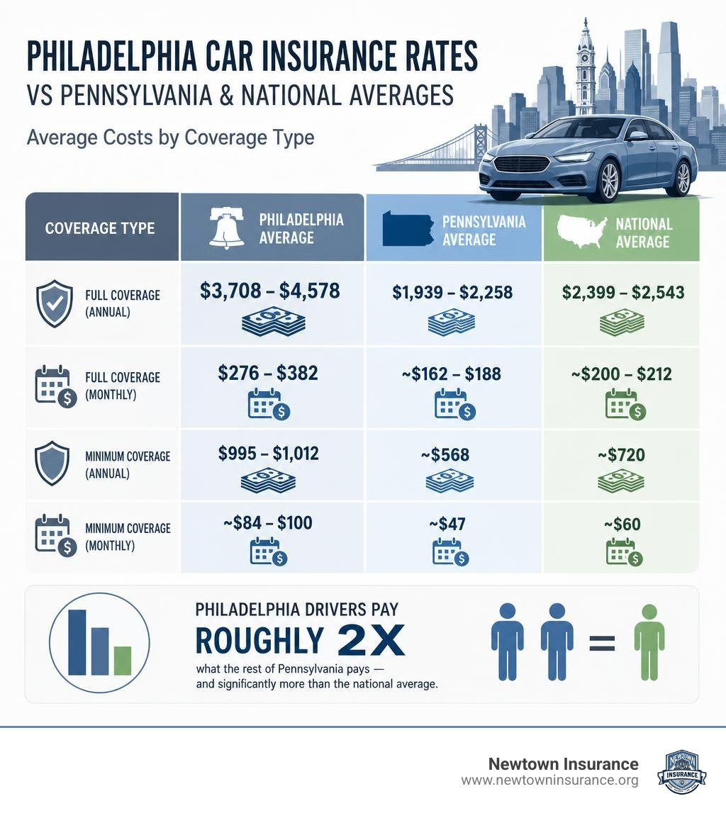 Infographic showing Philadelphia car insurance rates vs Pennsylvania and national averages by coverage type infographic