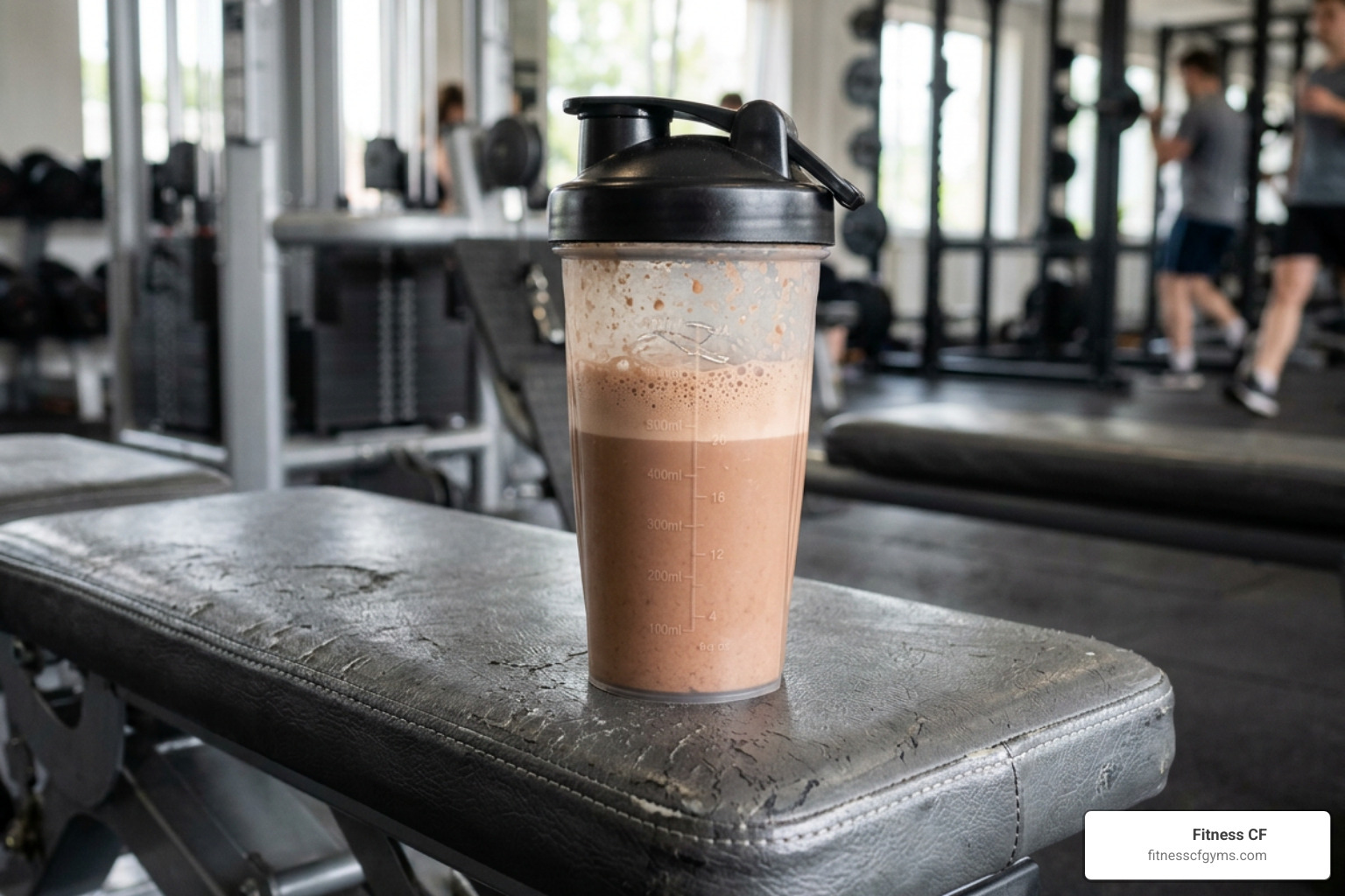 A close-up of a freshly blended protein shake in a shaker cup on a gym bench