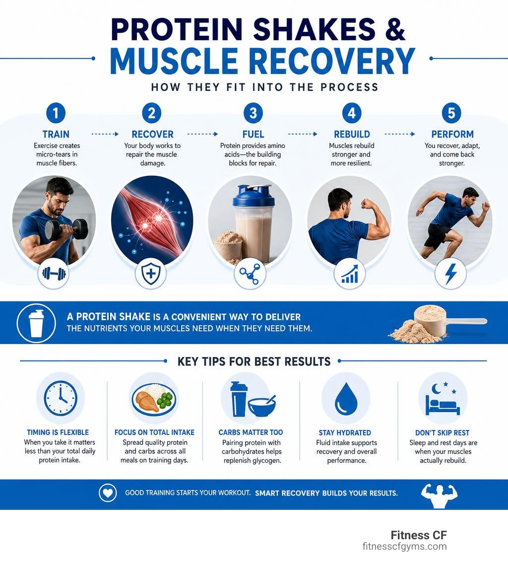 Infographic showing how protein shakes fit into the muscle recovery process with key tips infographic
