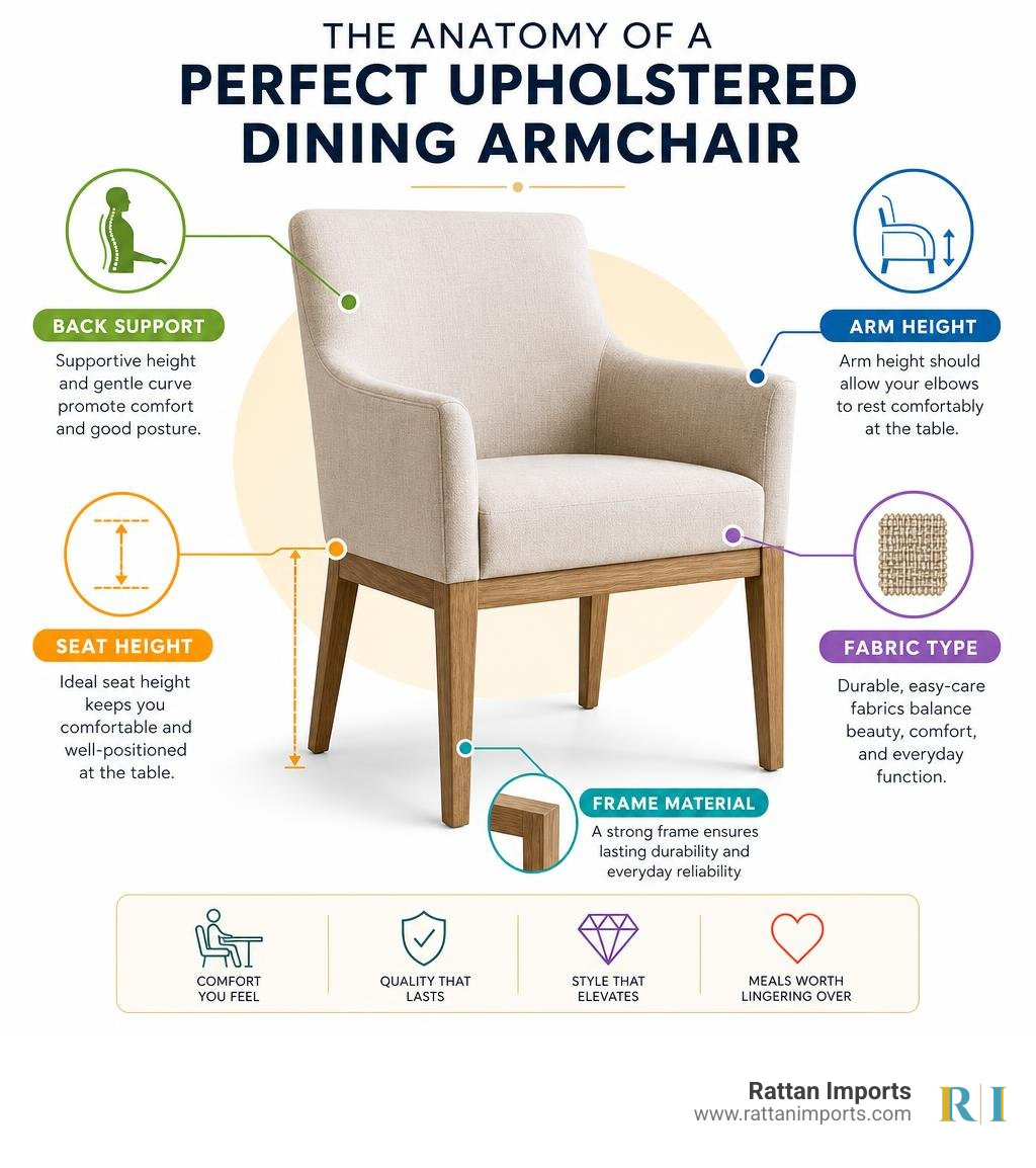 Infographic: anatomy of a perfect upholstered dining armchair — seat height, arm height, back support, fabric type, frame Infographic: anatomy of a perfect upholstered dining armchair — seat height, arm height, back support, fabric type, frame