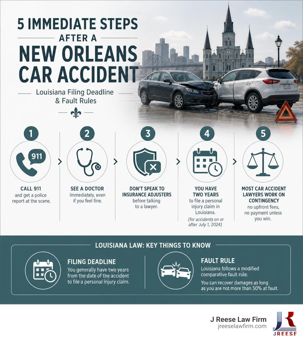 Infographic showing 5 immediate steps after a New Orleans car accident with Louisiana filing deadline and fault rules