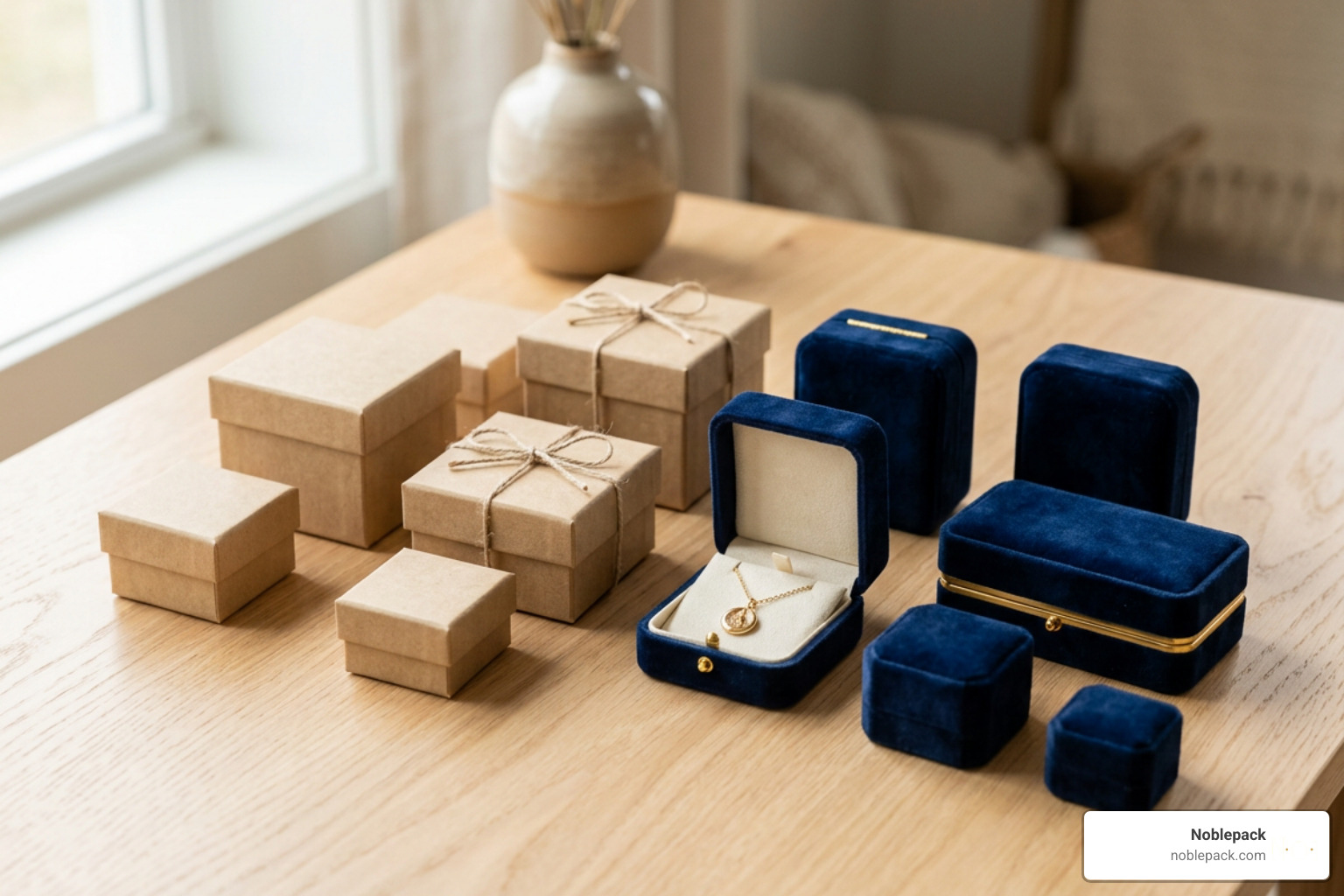 eco-friendly kraft jewelry boxes next to luxury velvet boxes eco-friendly kraft jewelry boxes next to luxury velvet boxes