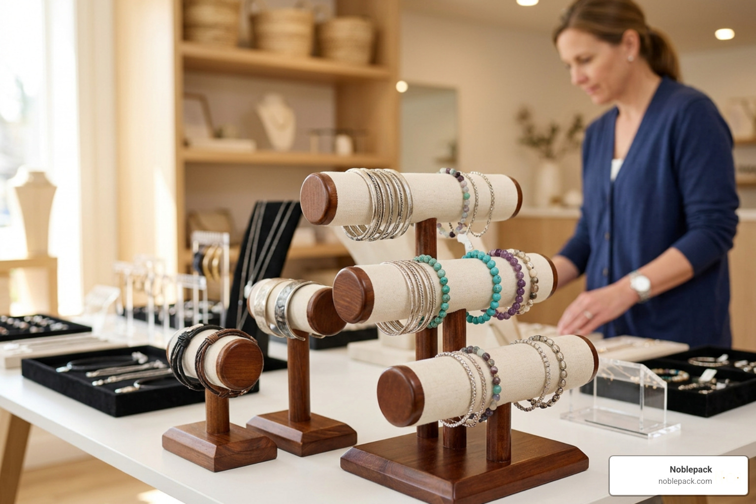 T-bar and tiered bracelet display stands in a retail store setting T-bar and tiered bracelet display stands in a retail store setting