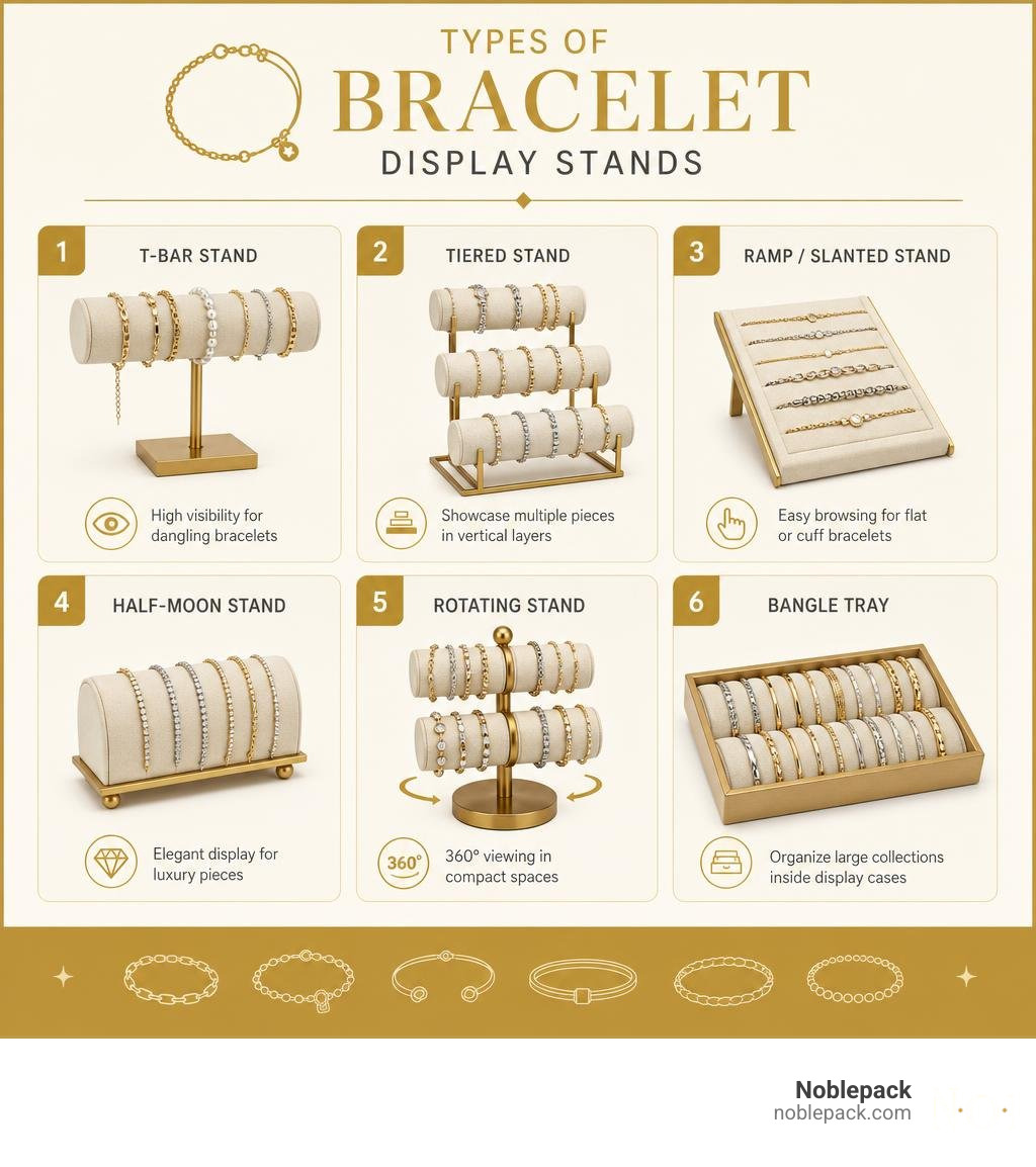 Types of bracelet display stands comparison infographic showing T-bar, tiered, ramp, half-moon, rotating, and bangle tray Types of bracelet display stands comparison infographic showing T-bar, tiered, ramp, half-moon, rotating, and bangle tray