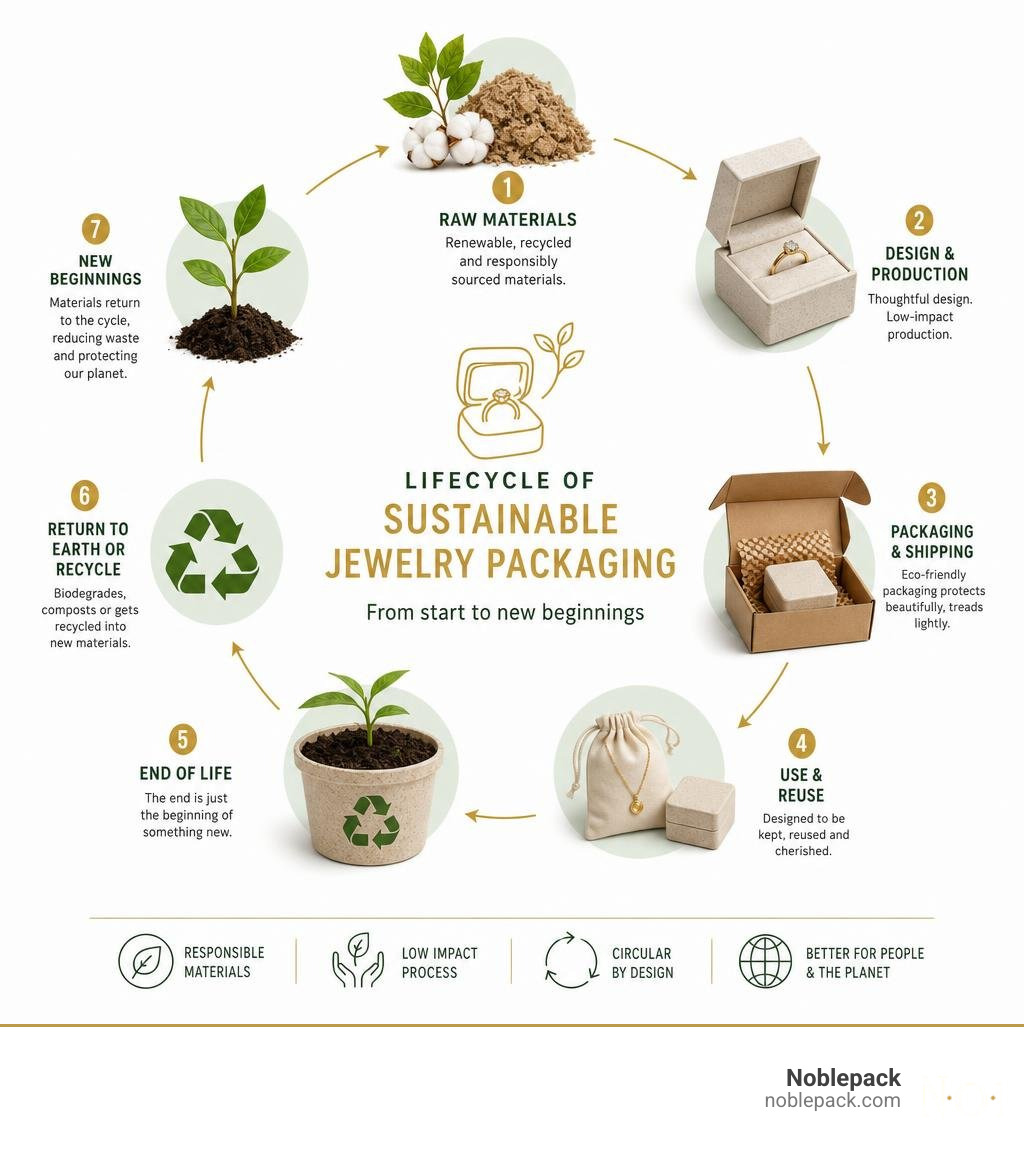 Lifecycle of sustainable jewelry packaging from raw materials to end-of-life recycling or composting infographic
