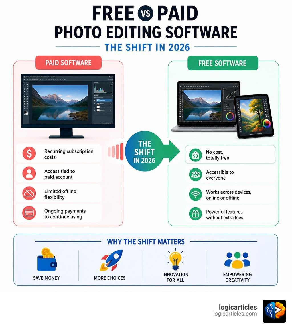 Comparison of free vs paid photo editing software shift in 2026 infographic Comparison of free vs paid photo editing software shift in 2026 infographic