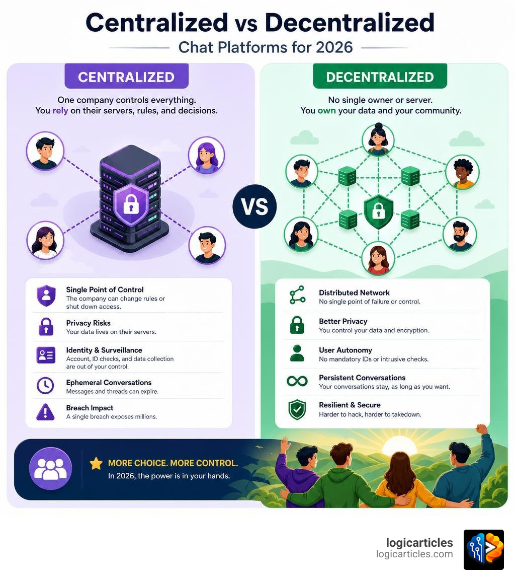 comparison of centralized vs decentralized chat platforms for Discord users in 2026 infographic comparison of centralized vs decentralized chat platforms for Discord users in 2026 infographic